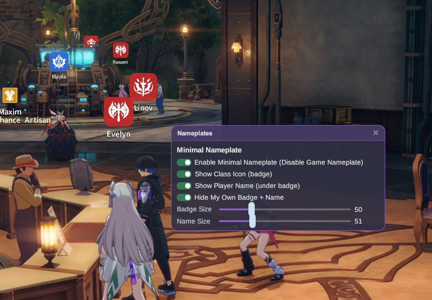 Badges + names in the world, with the Nameplates settings window.